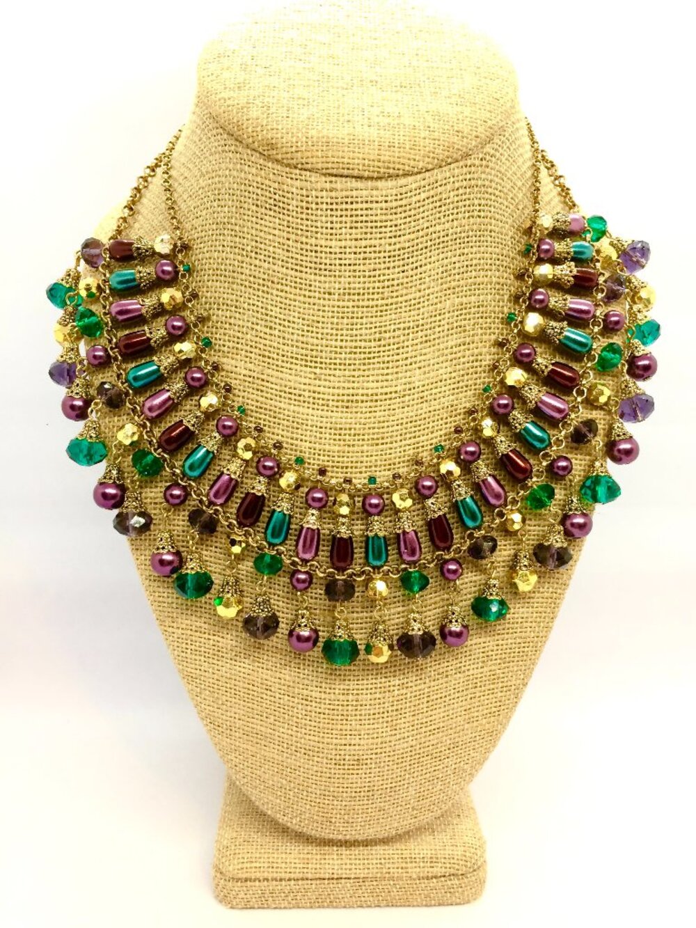 EGYPTIAN REVIVAL NECKLACE Multicolor Beaded Bib Cleopatra Gold Tone Fringe